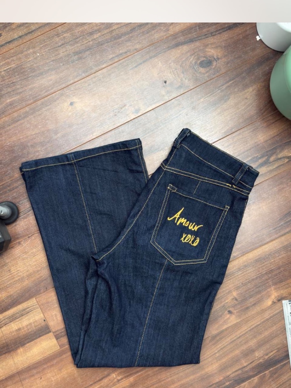 Cinq a Sept Women's Dark Wash Denim Jeans with Gold Embroidery amour xoxo